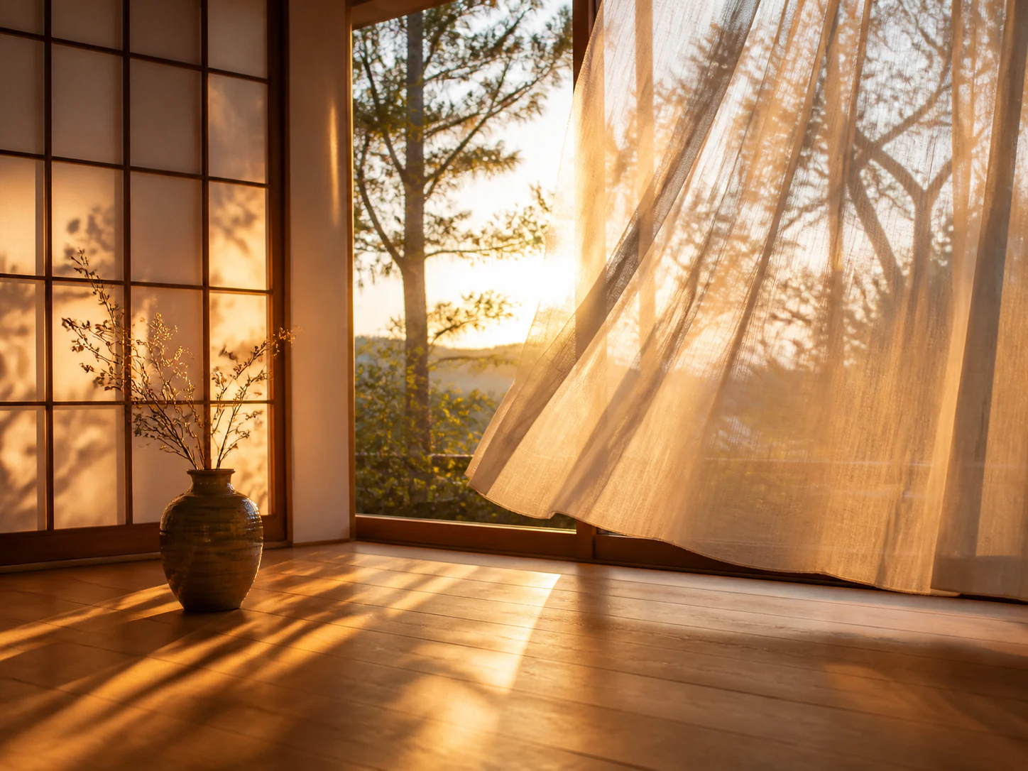窓辺に置かれた観葉植物と夕方の光を写した、権利確認済みの検証用画像