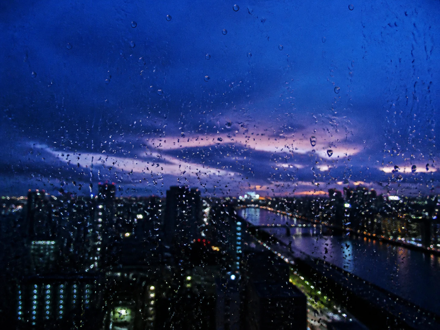 雨の窓と青い夕景を写した、権利確認済みの検証用画像